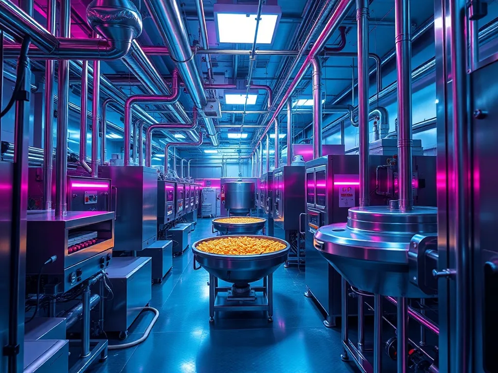 High-tech industrial food processing facility with stainless