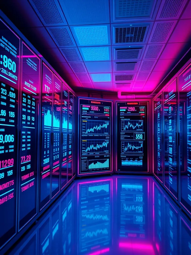 A futuristic server room with holographic displays showing g
